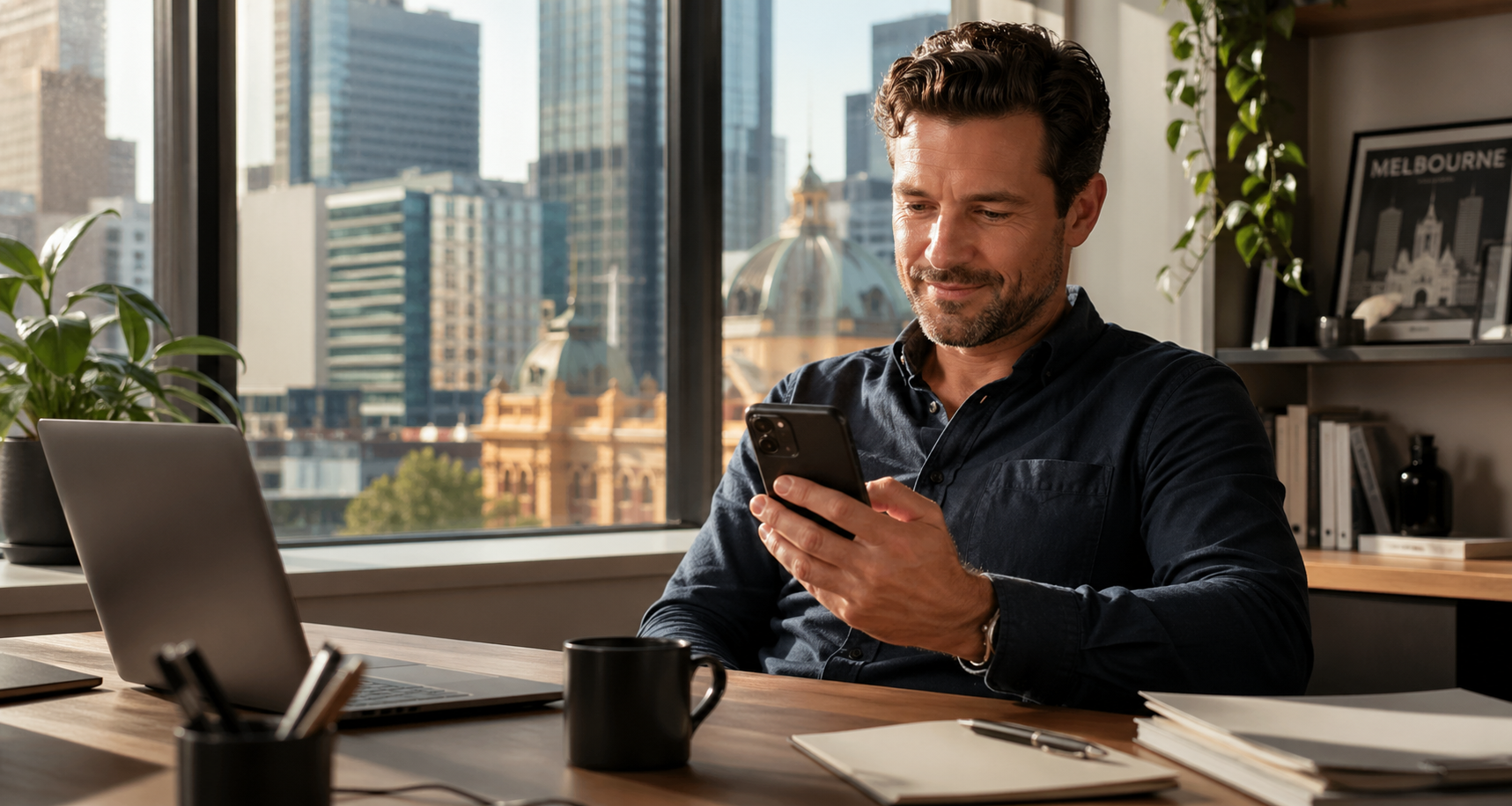 A Melbourne business owner reading a Google review on their phone