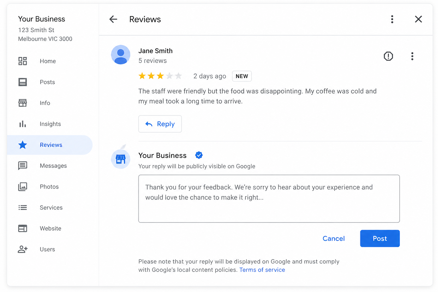 The Google Business Profile reply interface for a business owner responding to a review.
