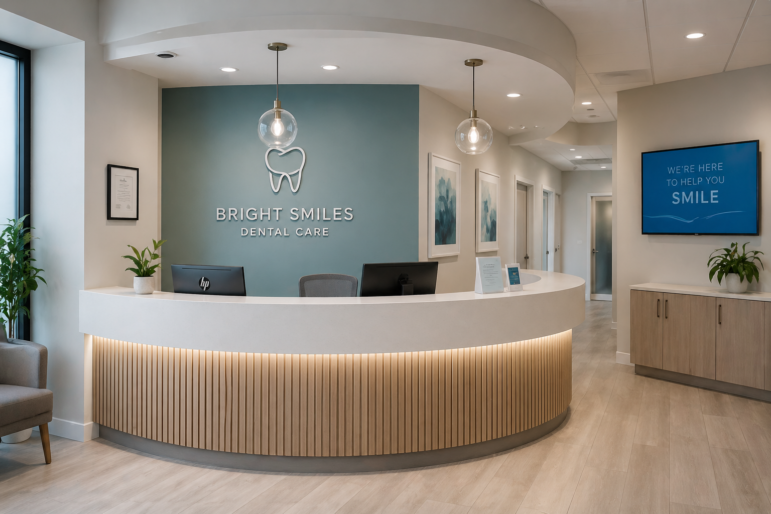 a dental or medical practice reception desk or a clean modern clinic interior. Avoid stock photos of smiling patients in treatment chairs
