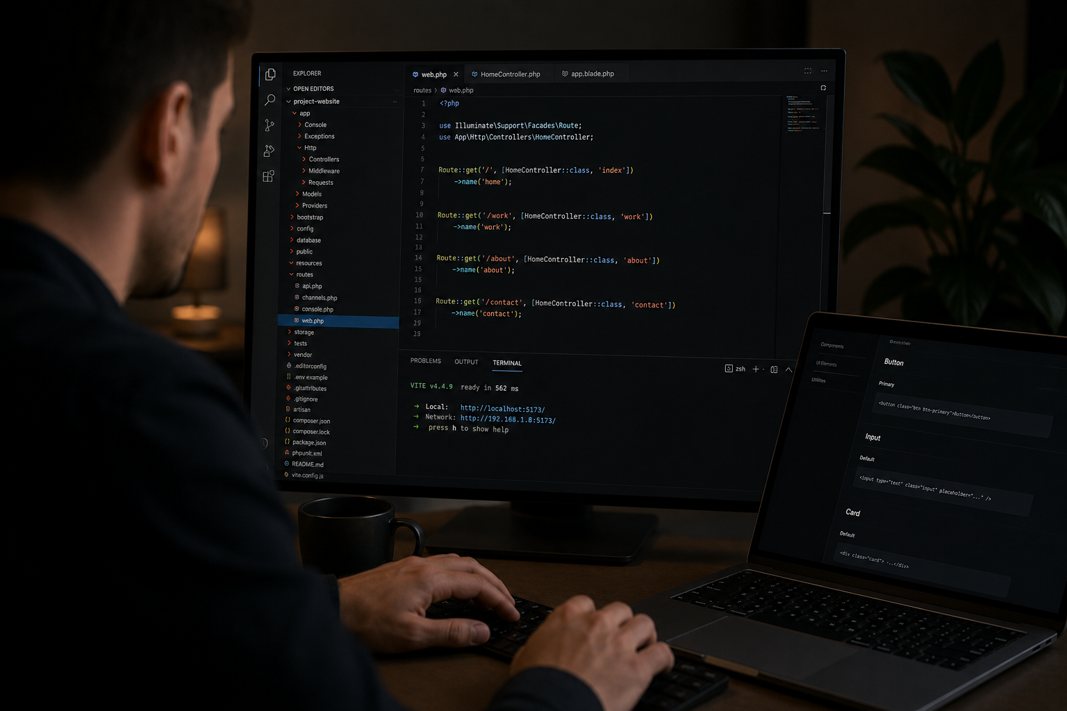 Cinematic coding workspace with dark mode