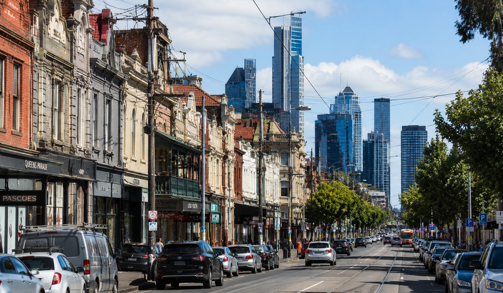 Bustling city street with modern skyline