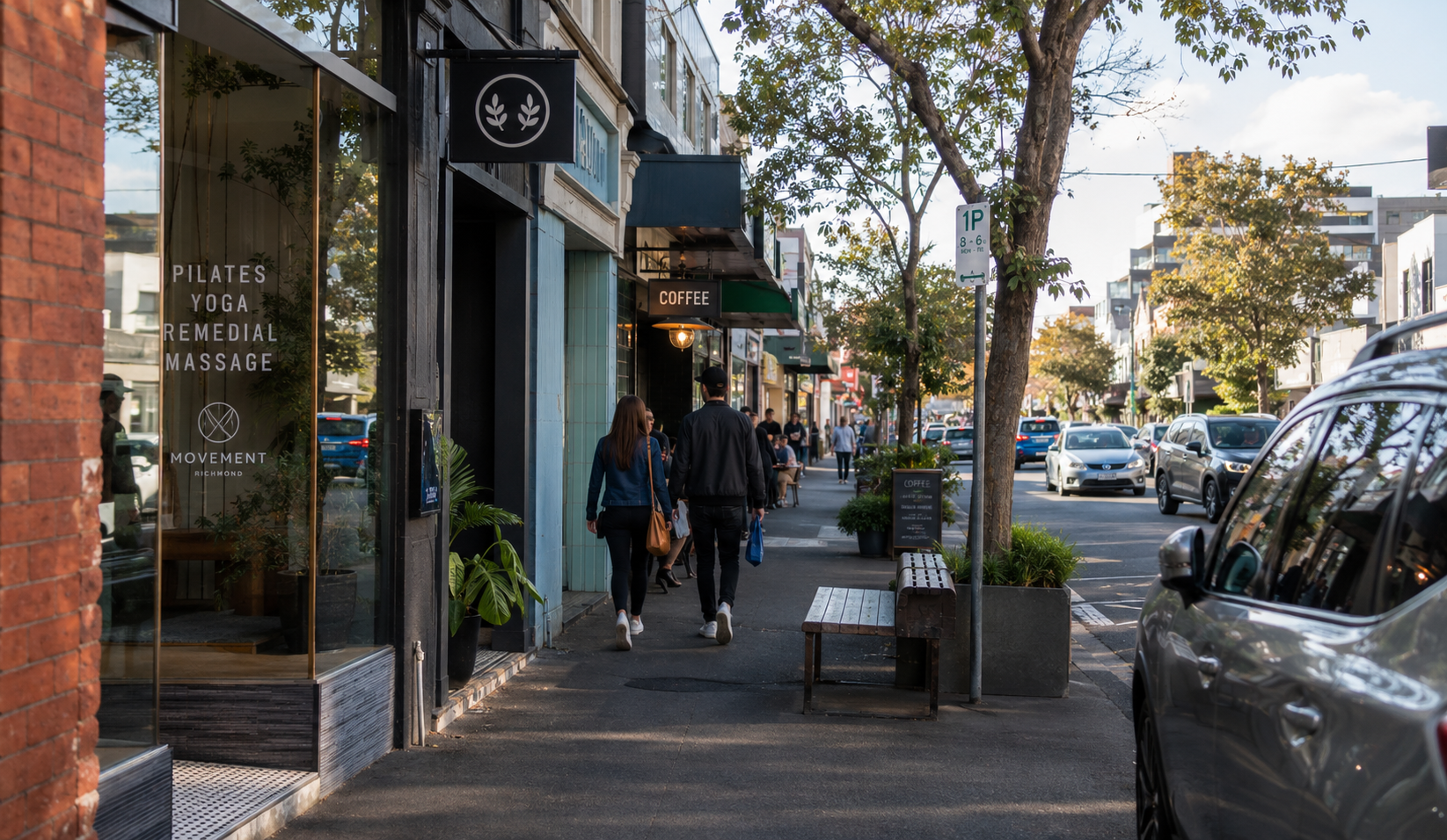 Busy city sidewalk on a sunny day