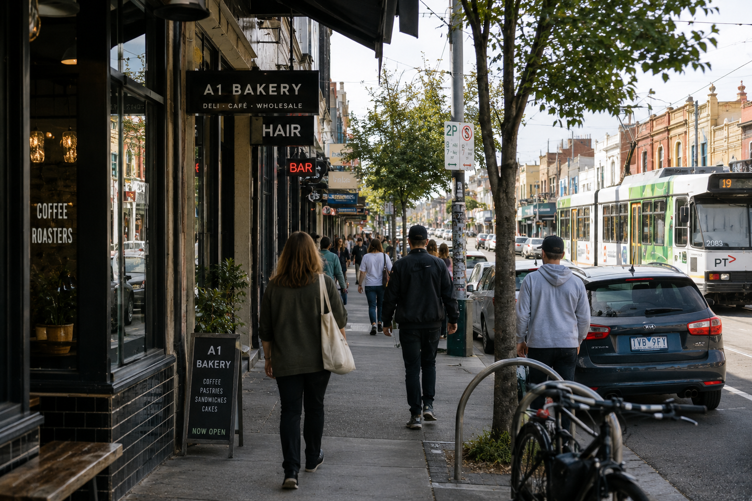 Busy city street with café and tram