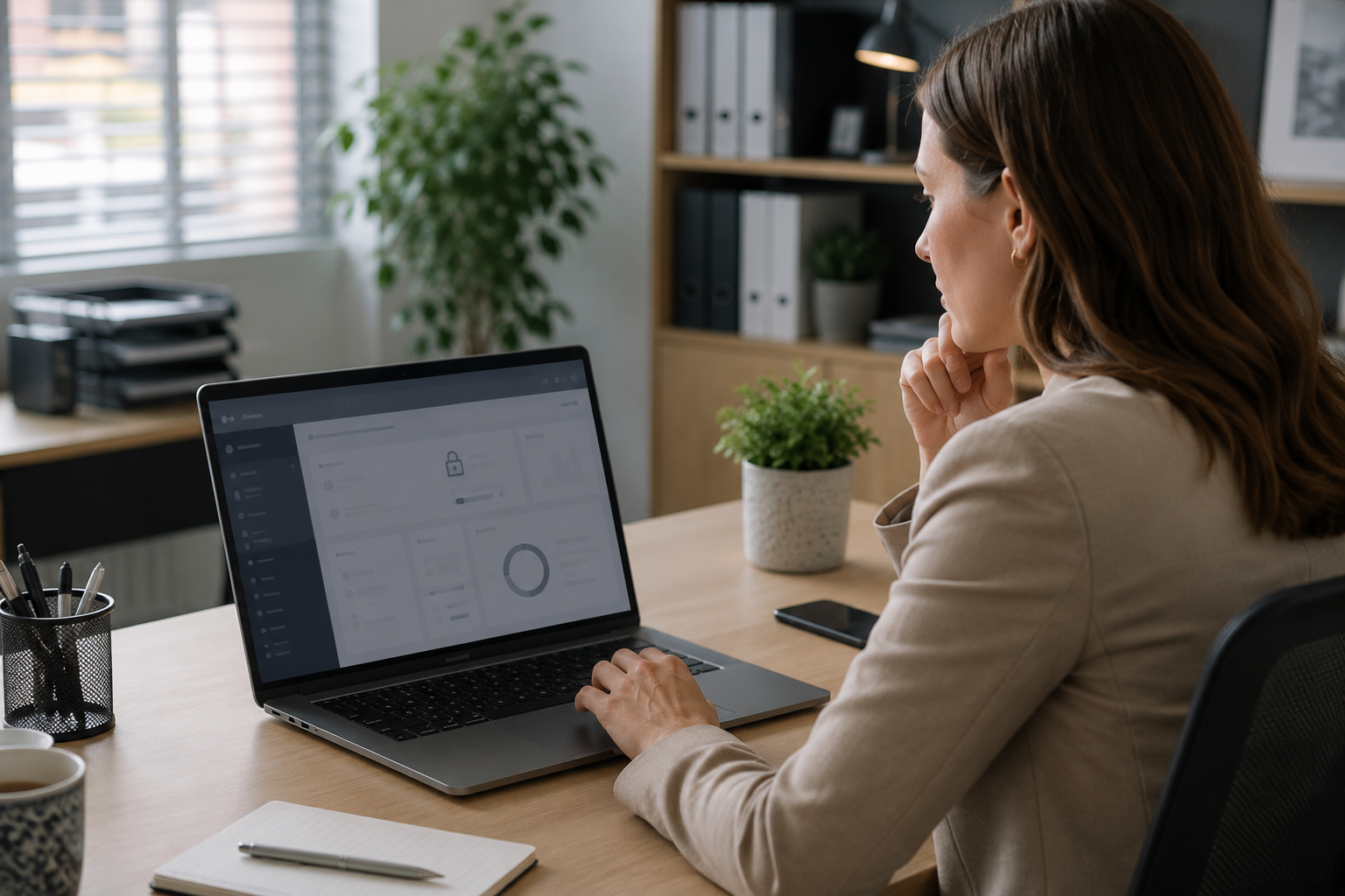 Focused woman in modern office workspace