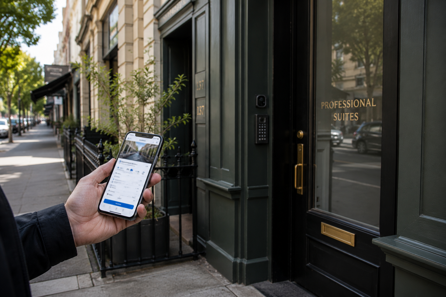 Street-level city scene with smartphone use