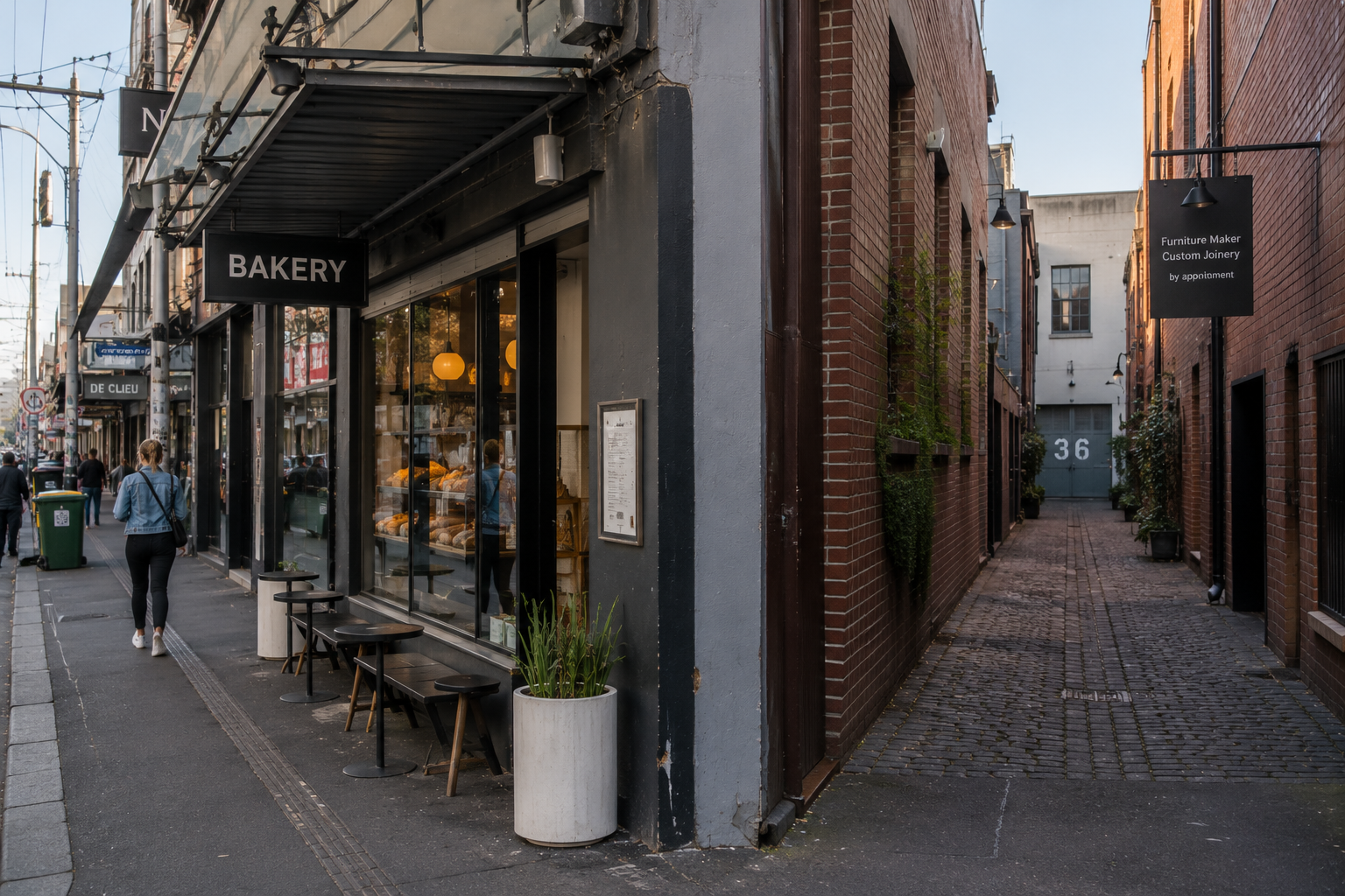 Urban alley with bakery and cobblestones