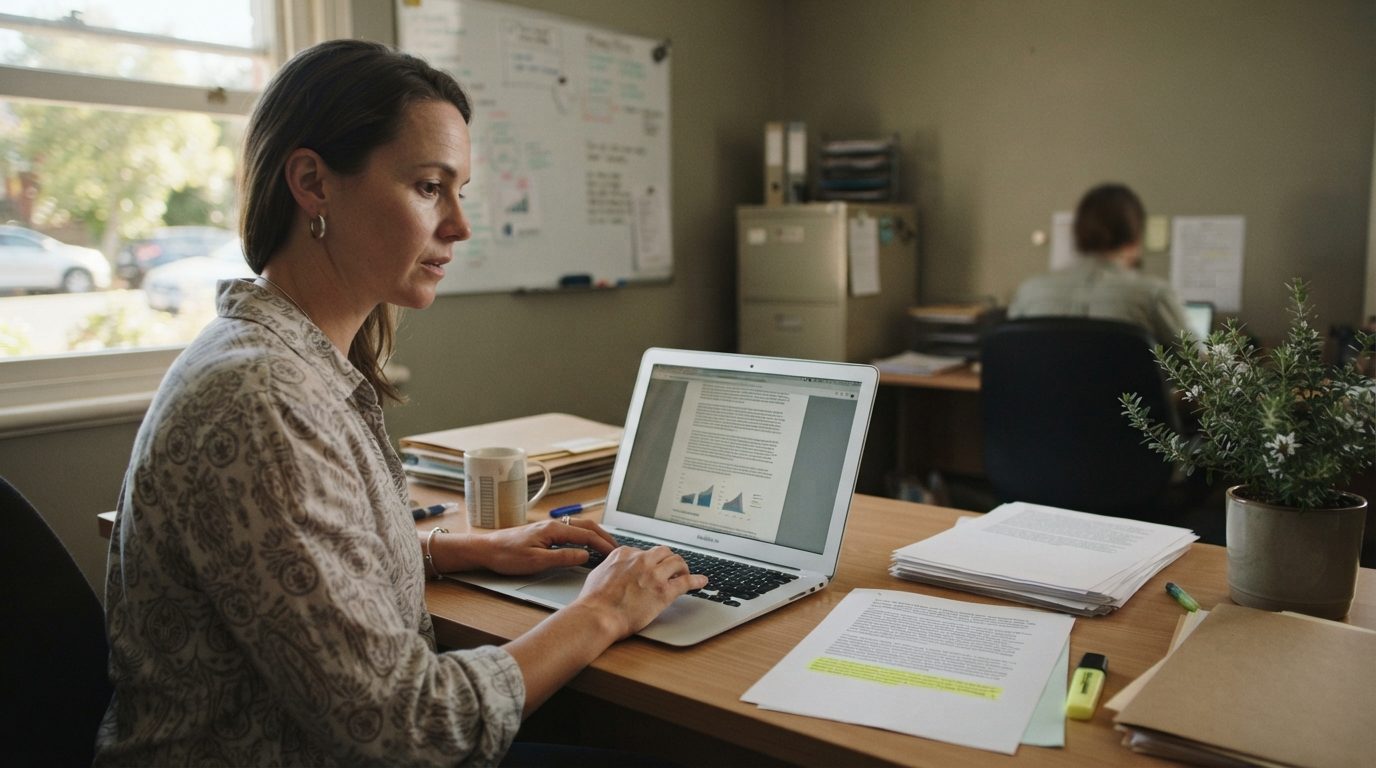 Small business owner reviewing a website privacy policy on a laptop