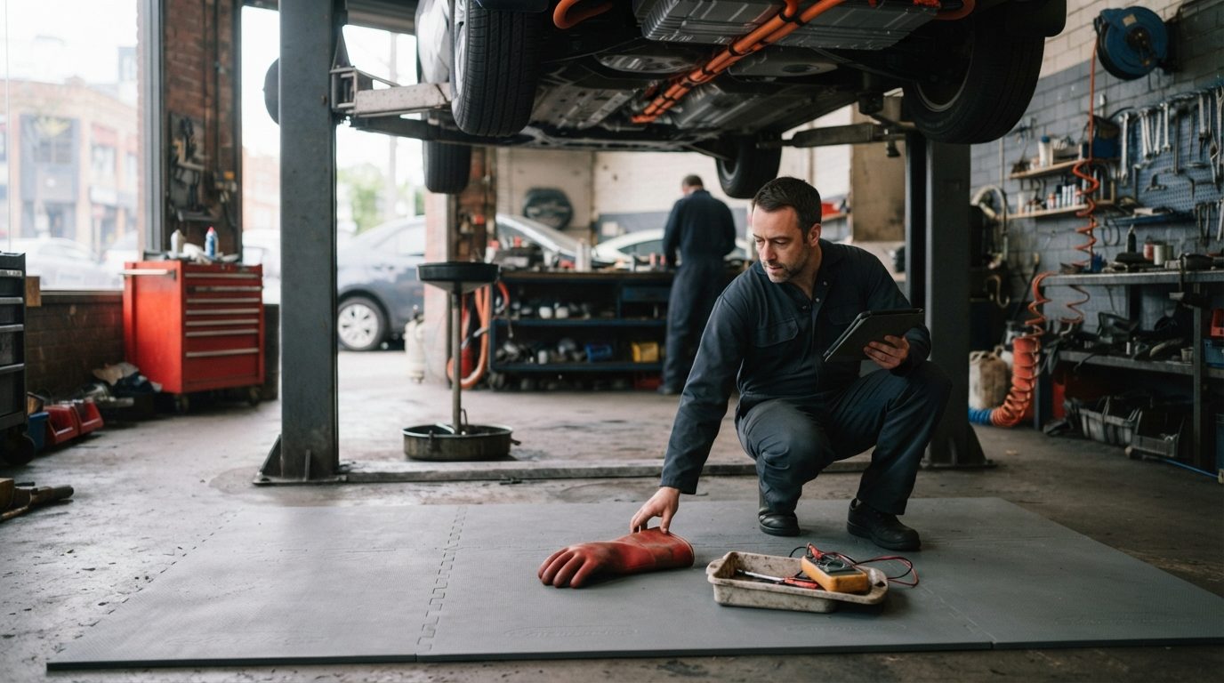 High voltage rated gloves and insulating matting set up in a workshop EV work area