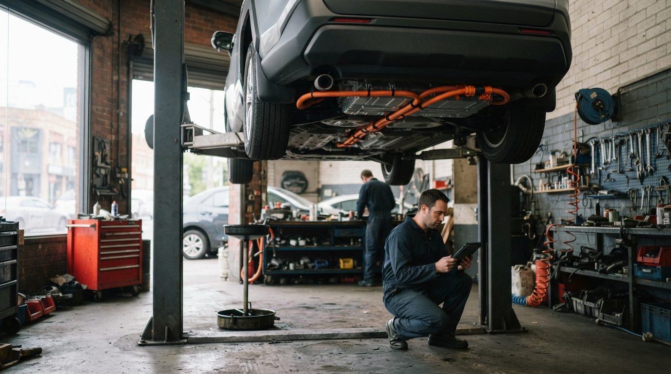 A hybrid vehicle raised on a two-post hoist in an Australian workshop bay, orange high voltage cabling visible underneath