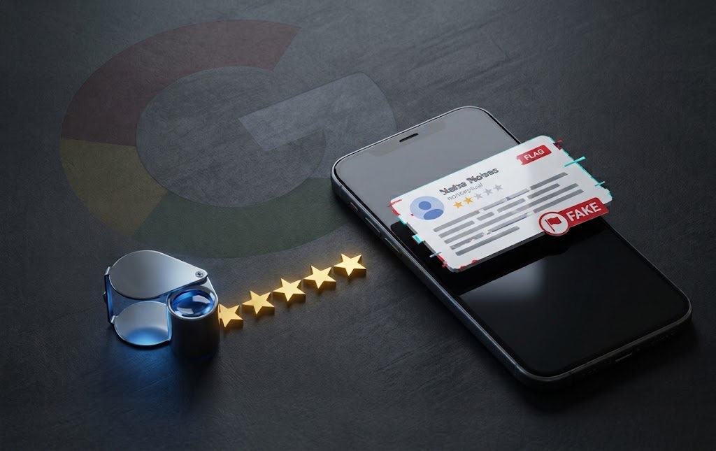 A smartphone showing a review card flagged as fake, beside a jeweller's loupe and five gold stars