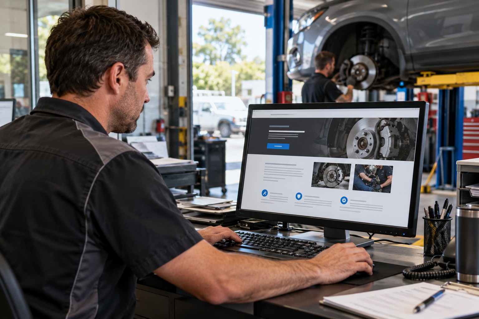 Service advisor checks a brake repair page while work continues in the workshop.