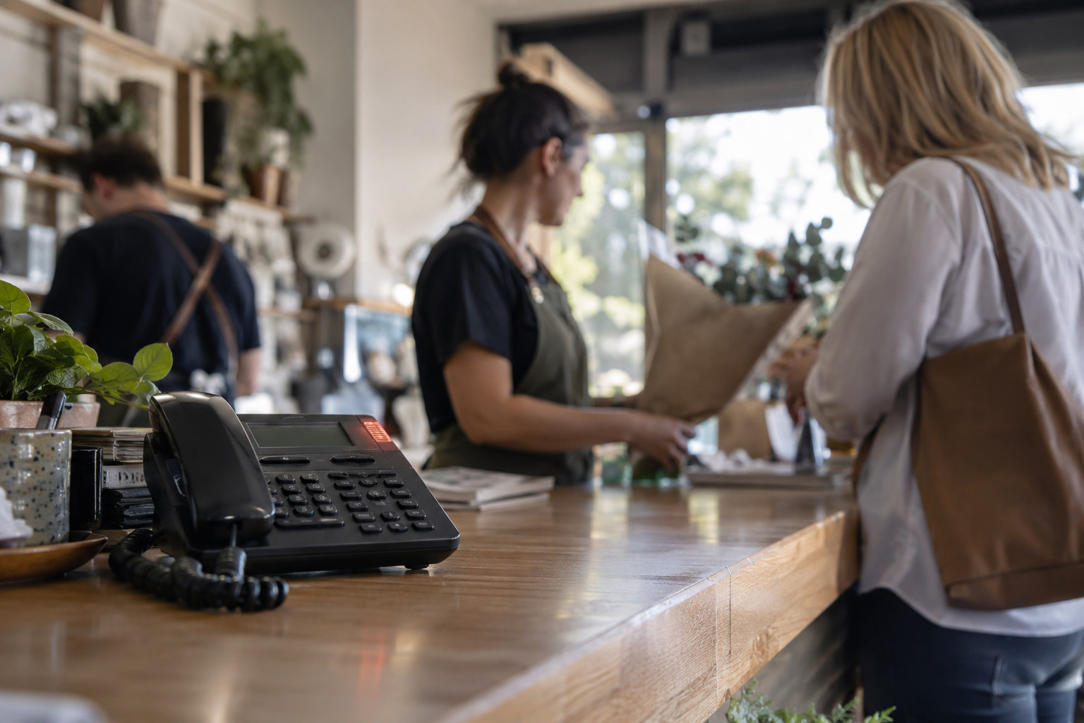 Unanswered phone sits on a counter while staff serve a customer.
