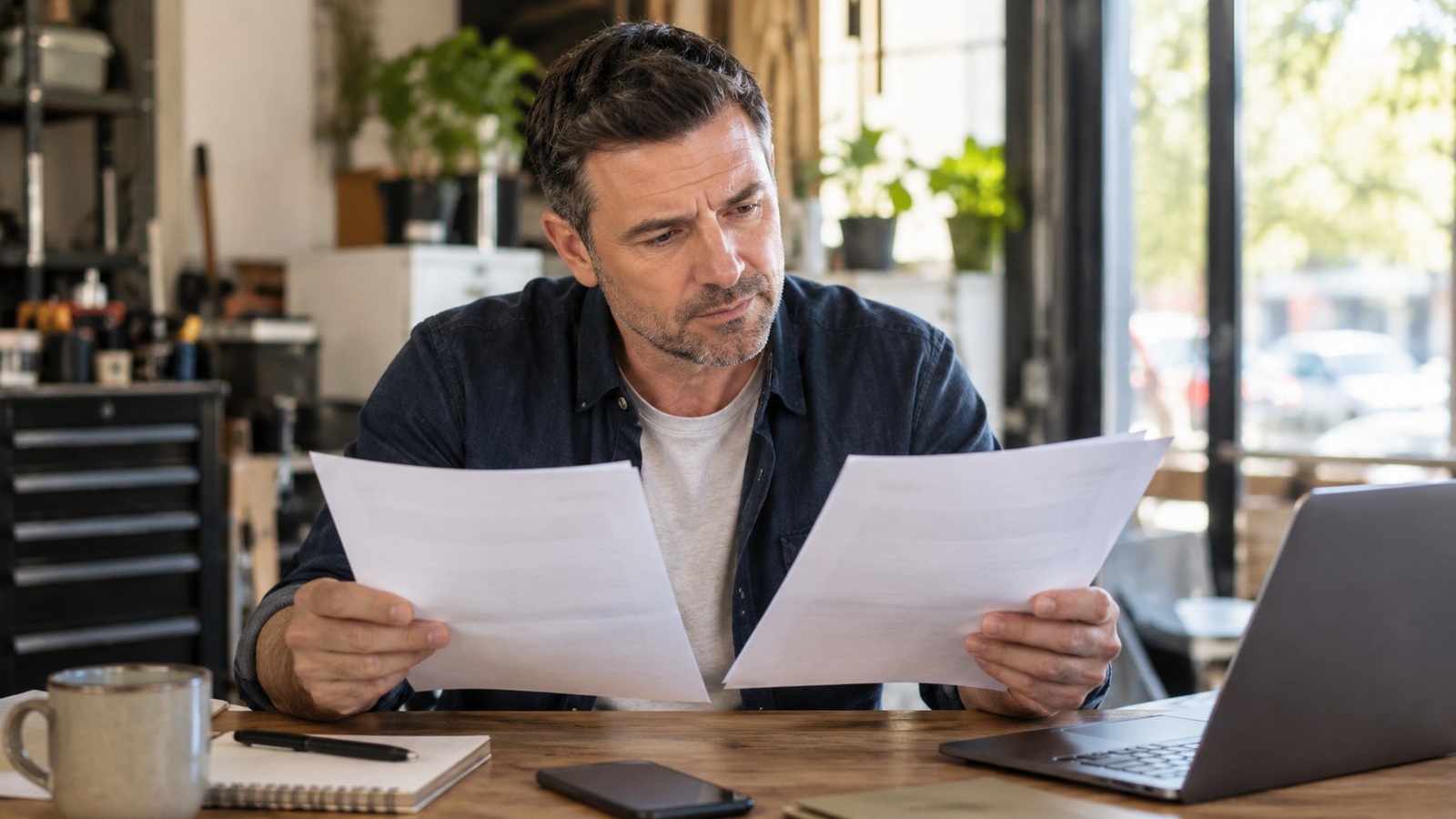 Business owner compares two printed proposals beside a laptop.