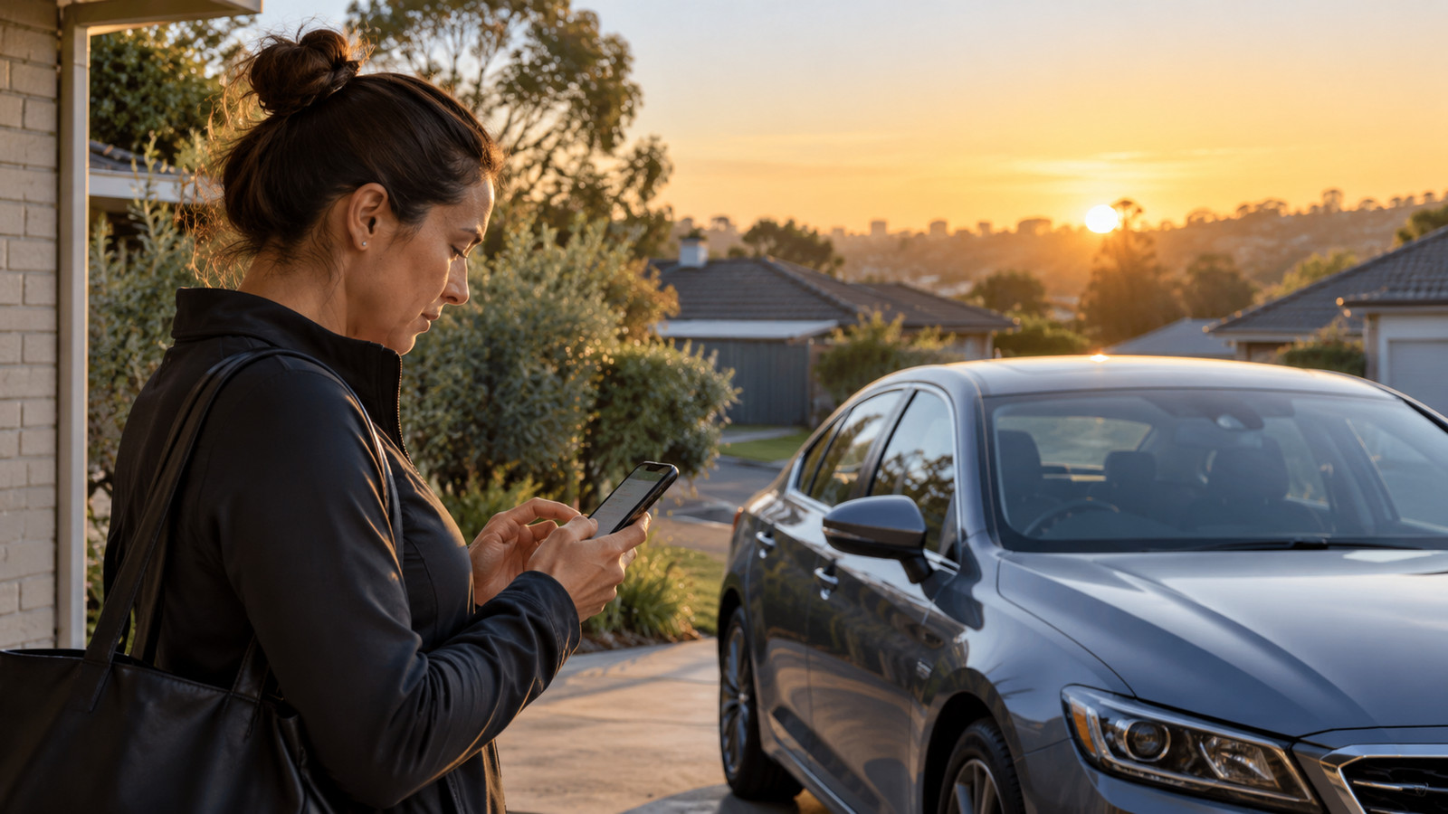 Driver sends a workshop enquiry beside a parked car at dawn.