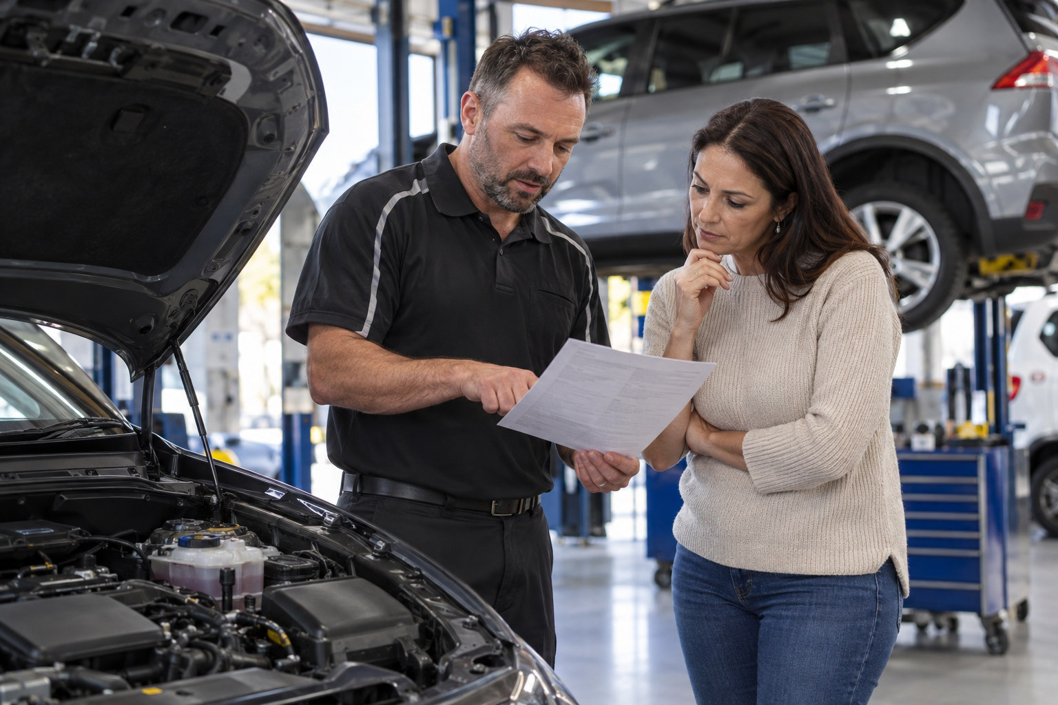 Service adviser discusses a complex car repair with the customer beside the car.