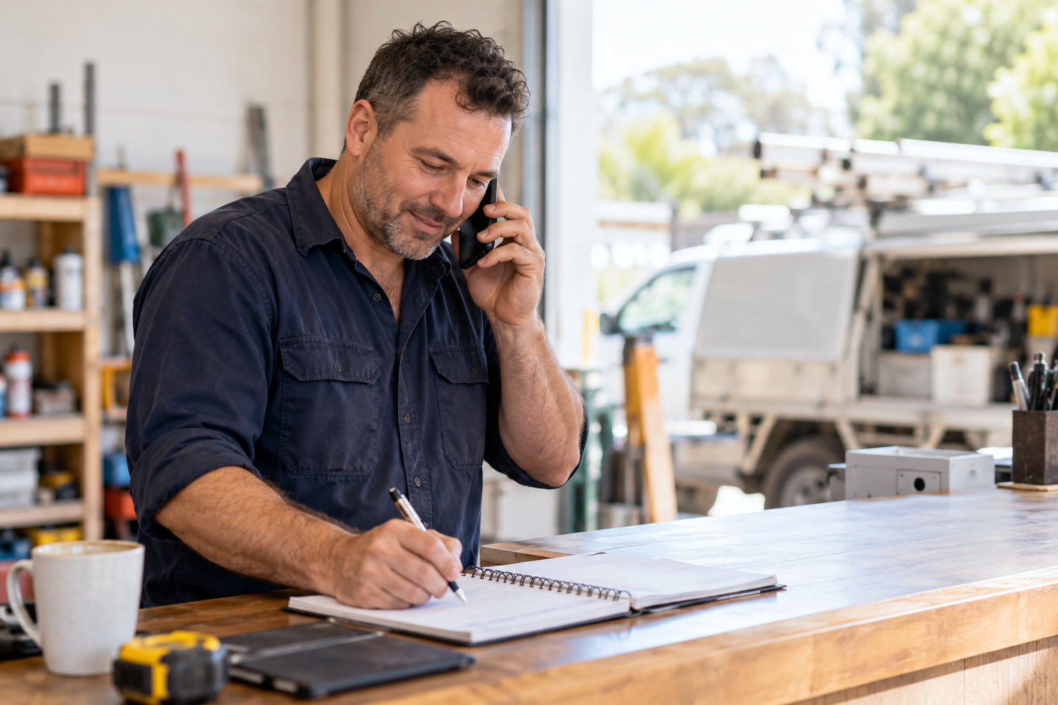 Trade business owner takes a customer call and writes in a diary.