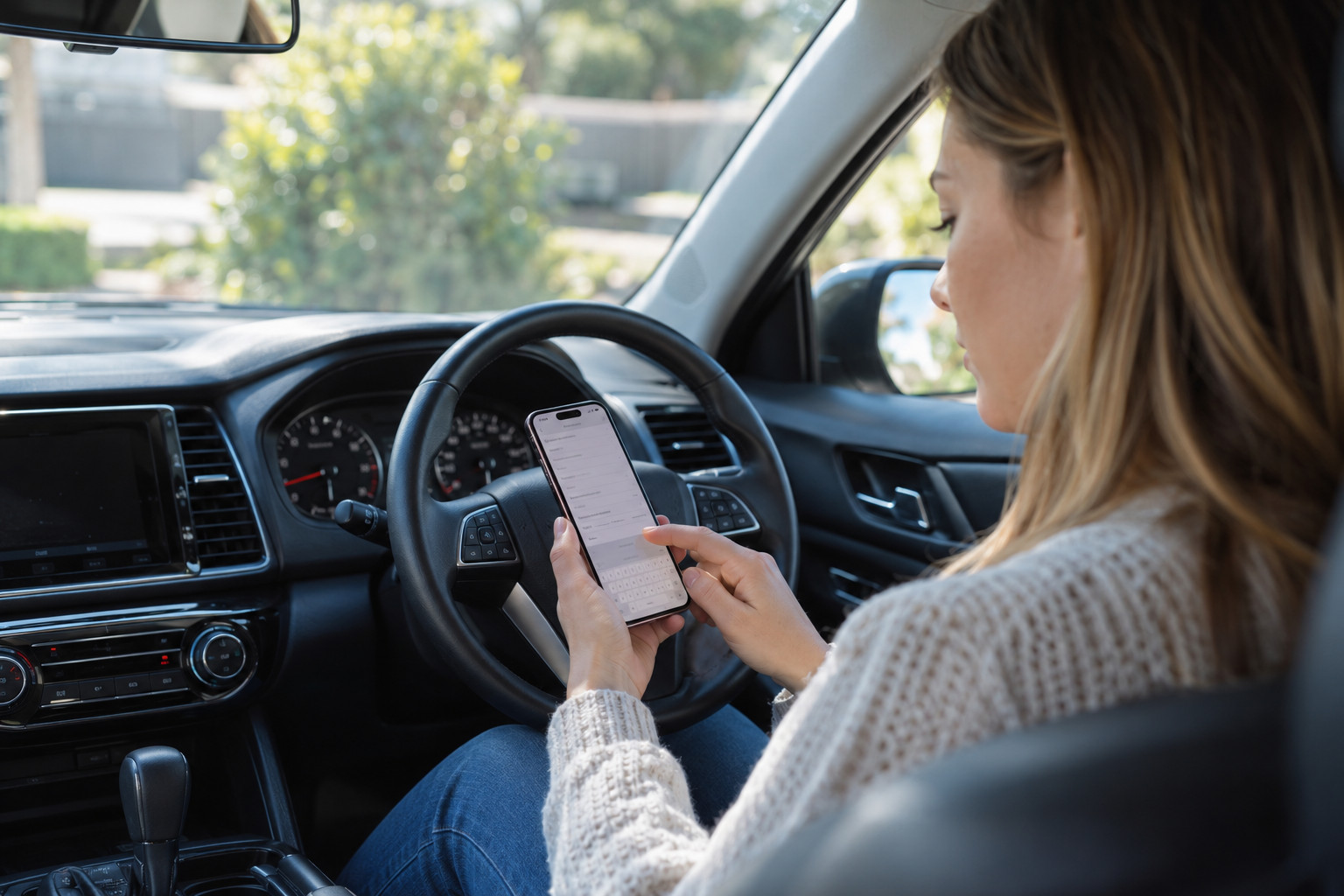 Owner enters a car fault description on a phone in a parked vehicle.