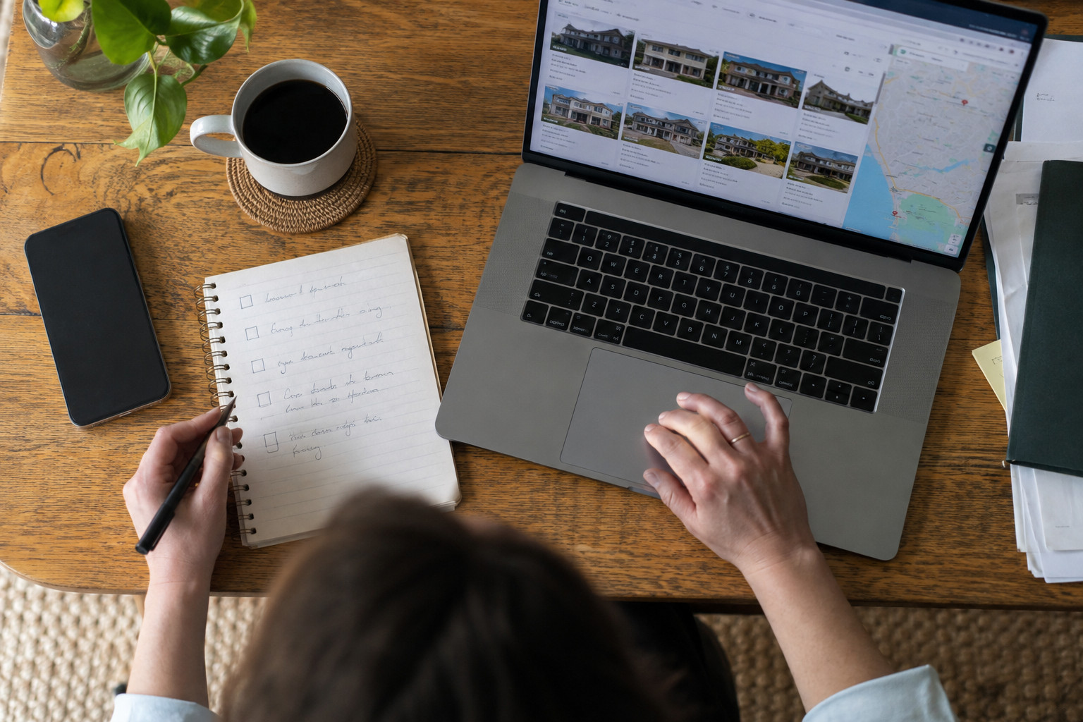 Person checks a handwritten business details list beside a laptop.