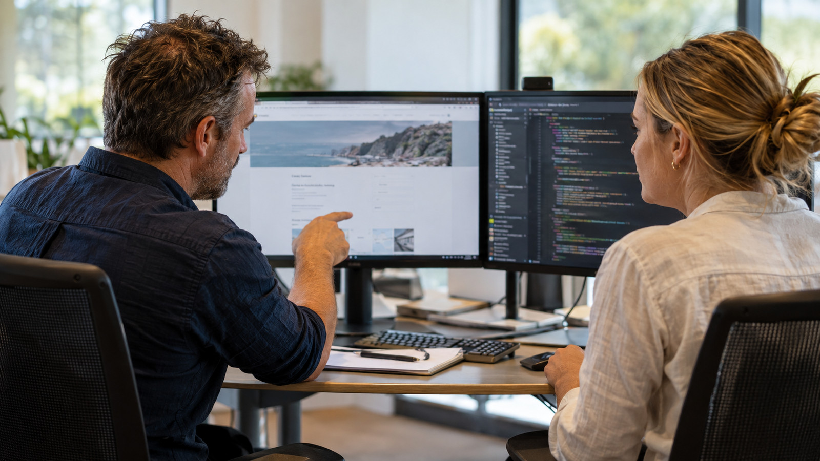 Web specialist and business owner compare a local business page with its code.