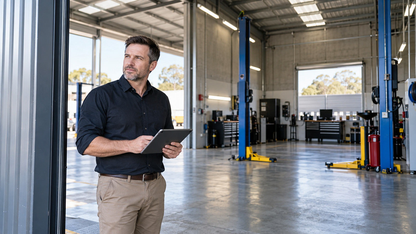 Manager checks a newly equipped workshop with empty service bays.