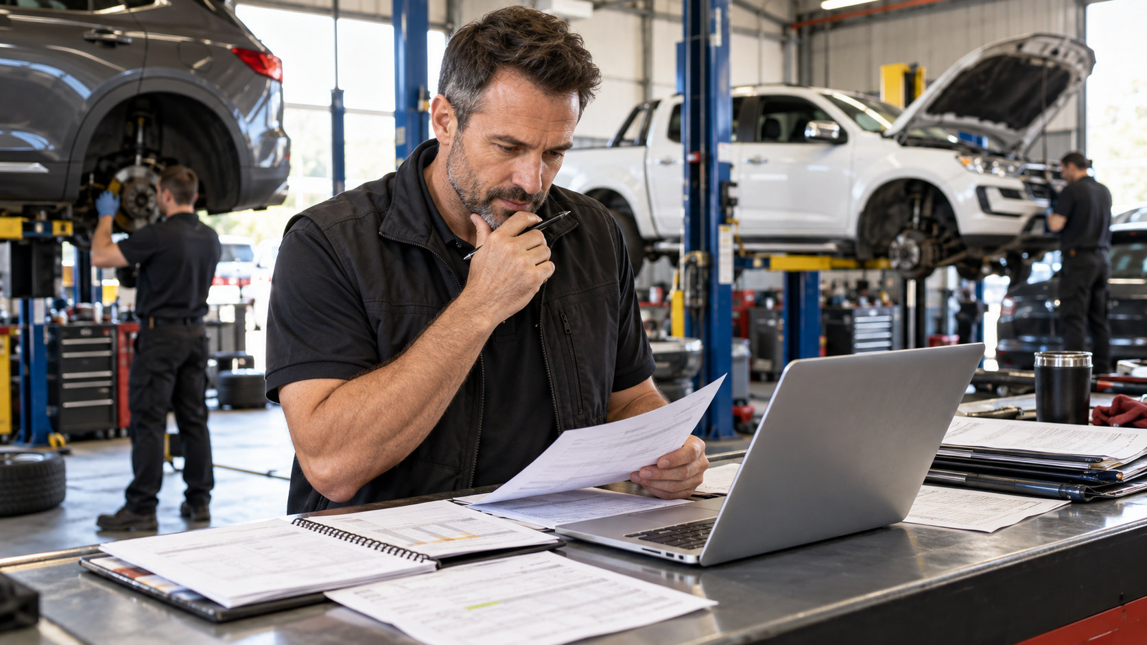 Workshop owner reviews jobs and service schedule amid active repair bays.