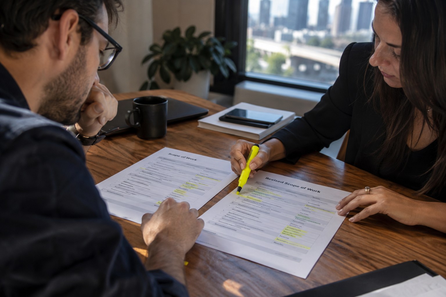 Consultant highlights passages in documents during a meeting.