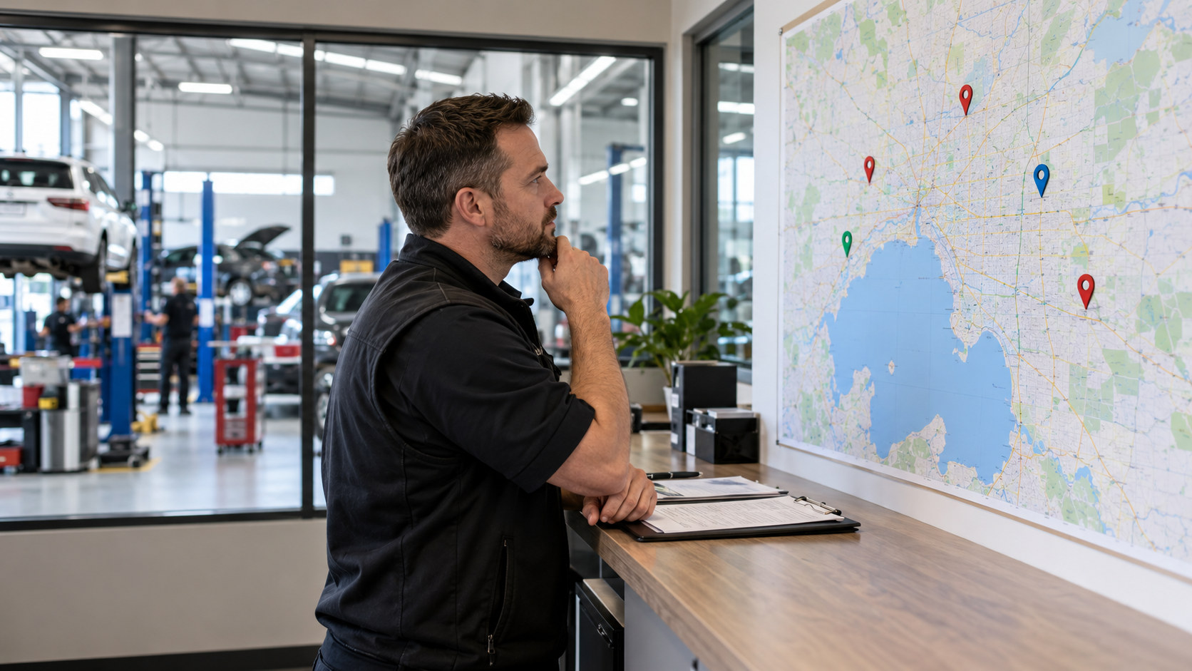 Workshop group manager studies a map of several service locations.