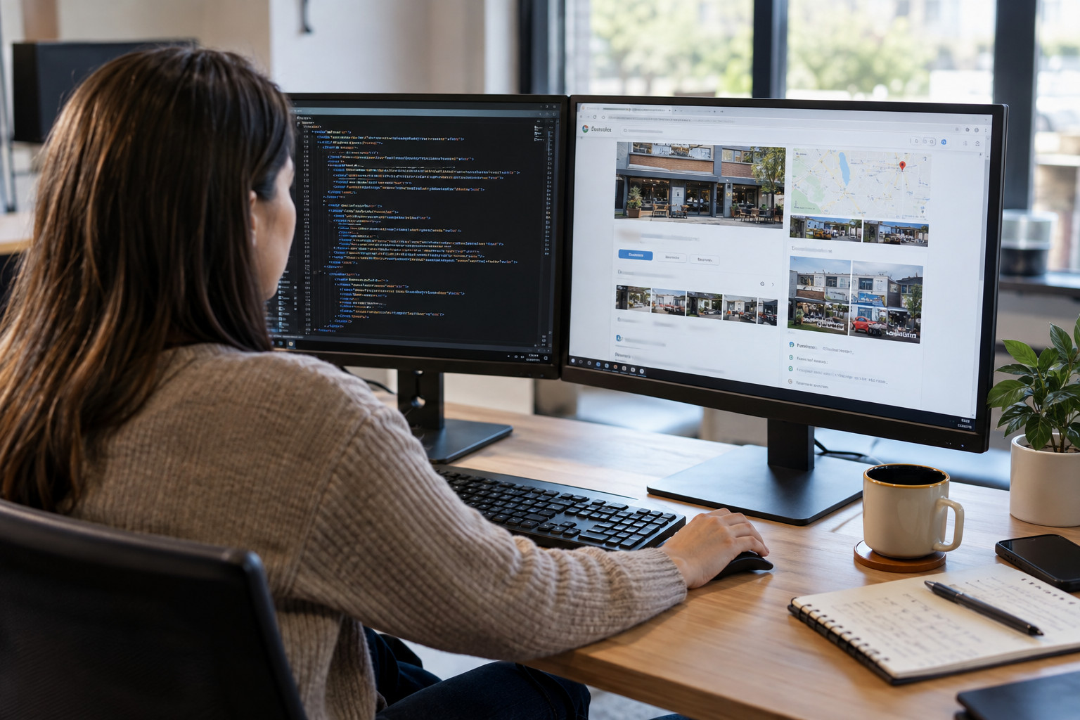 Developer compares website code and a business page on two monitors.