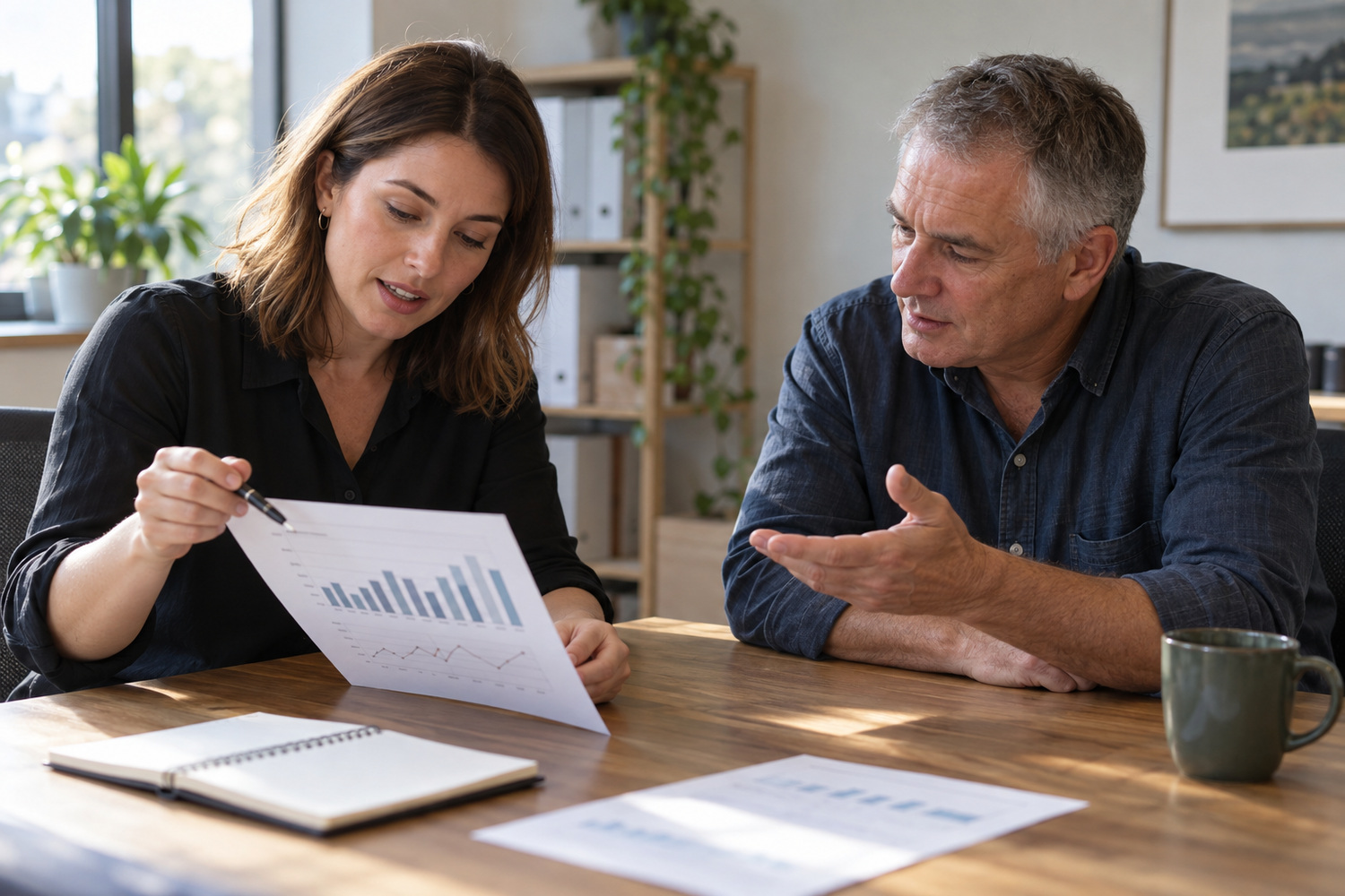 Account manager explaining a printed performance report while a business owner asks a question.