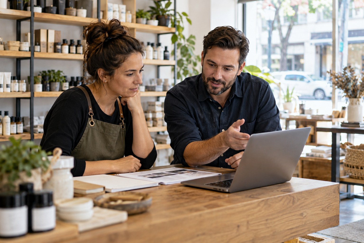 Cafe owner and consultant review information on a laptop at the counter.