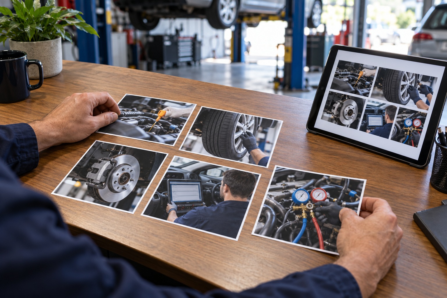 Workshop owner arranges service photographs beside matching images on a tablet.