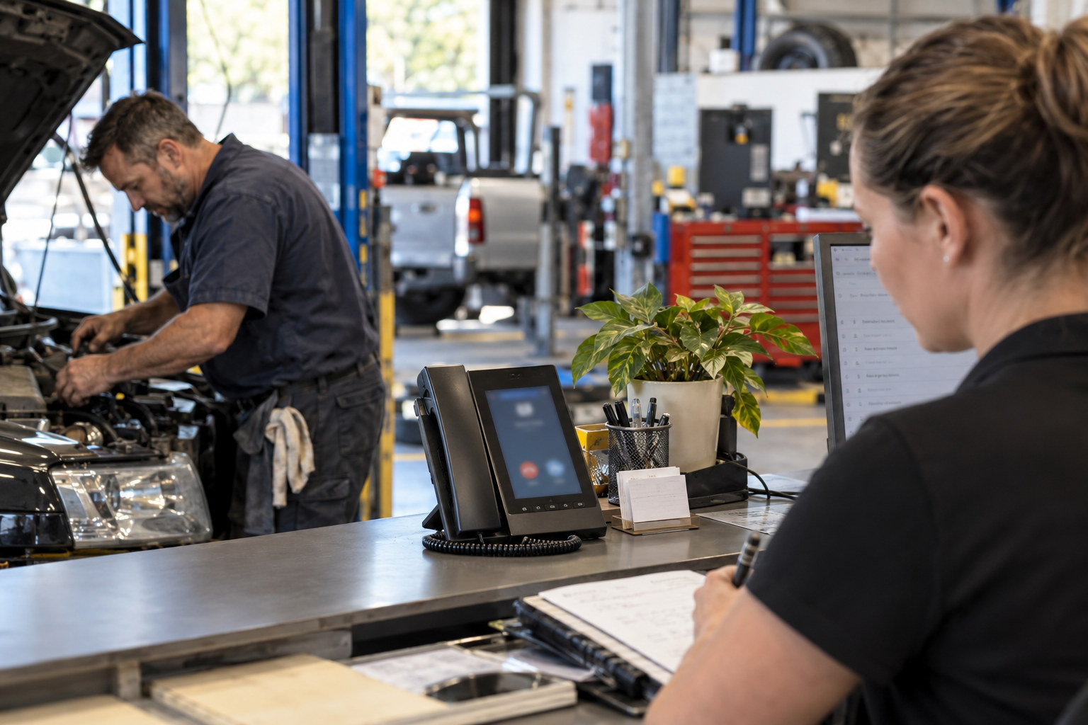 Receptionist checks a call record while a mechanic works on a car.