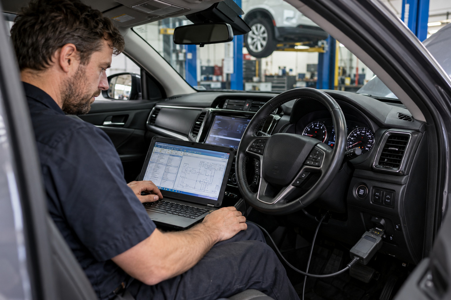 Technician uses a diagnostic laptop inside a right-hand-drive vehicle.