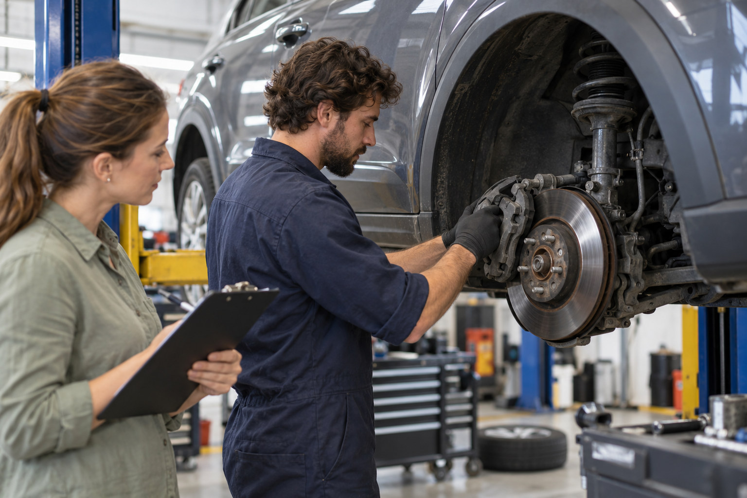 Mechanic repairs a car brake while a colleague reviews the job schedule.