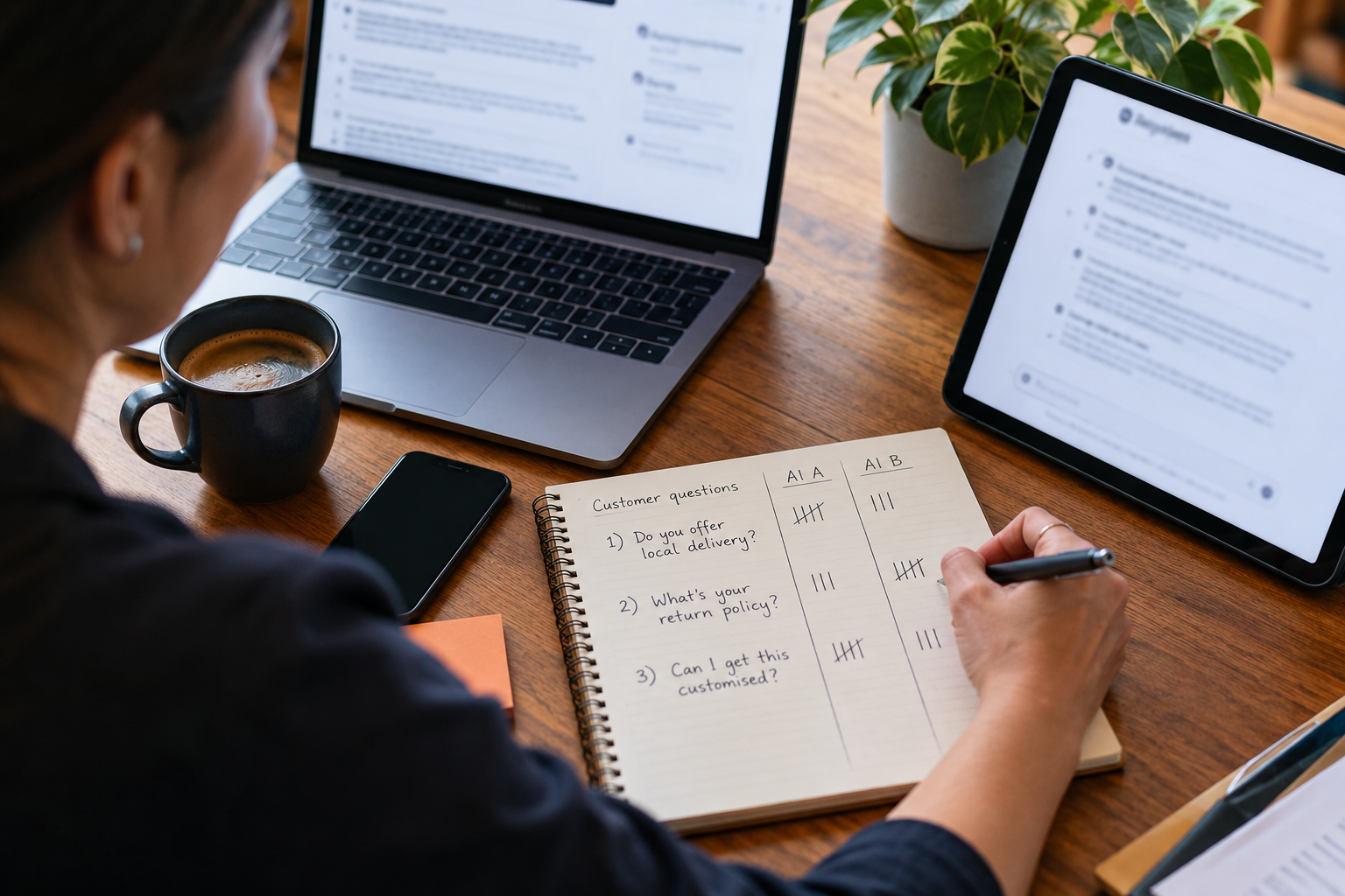 Business owner records repeated search recommendations in a notebook.