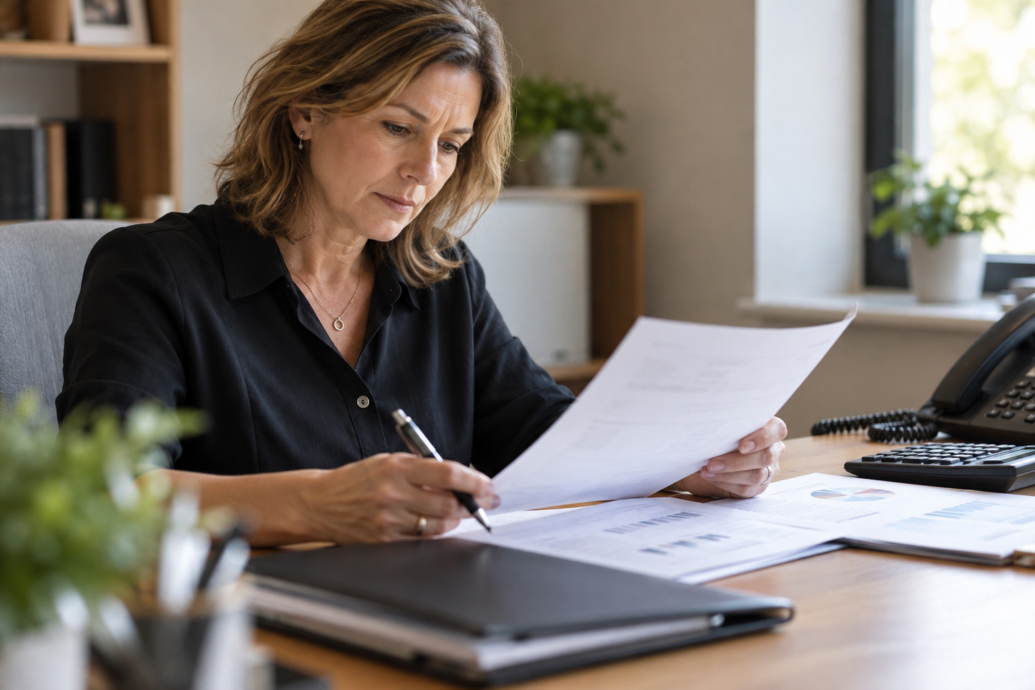Business owner reviewing paperwork alongside printed charts and a calculator at her desk.