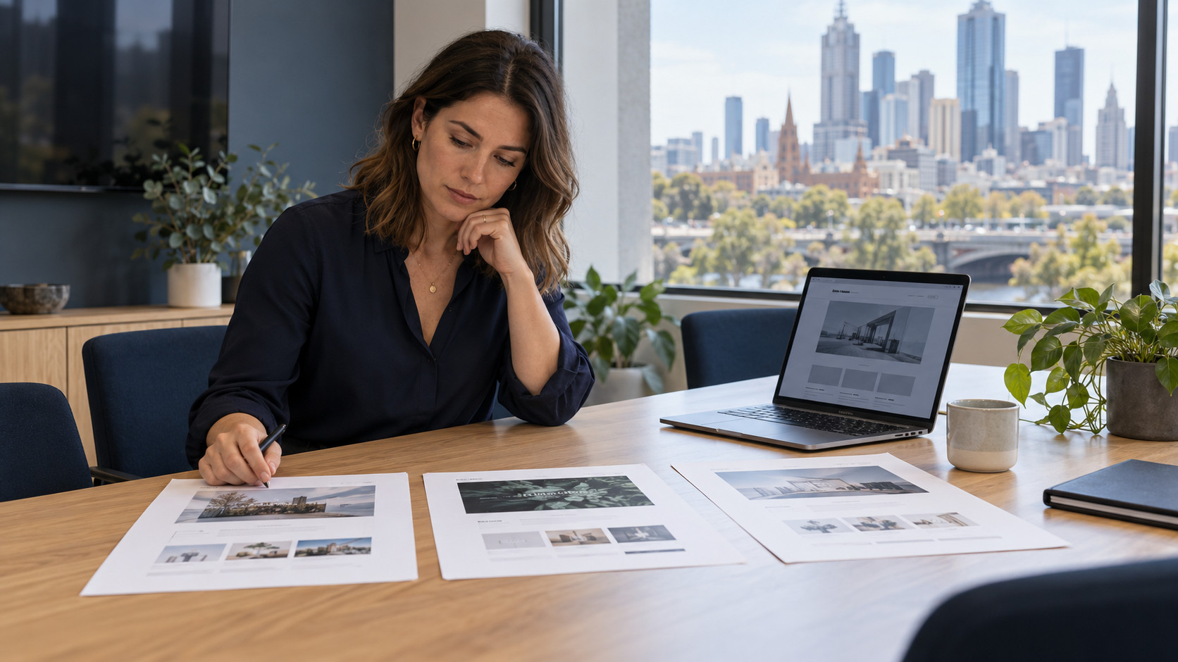 Business owner reviewing website concepts and proposals at a Melbourne office table