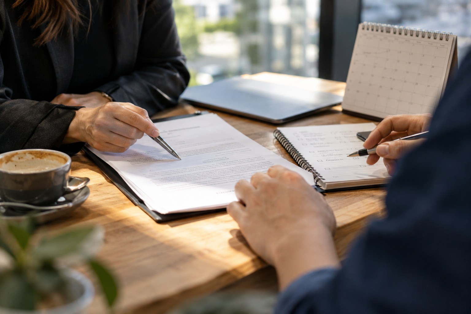 People discuss a written agreement beside a notebook and desk calendar.