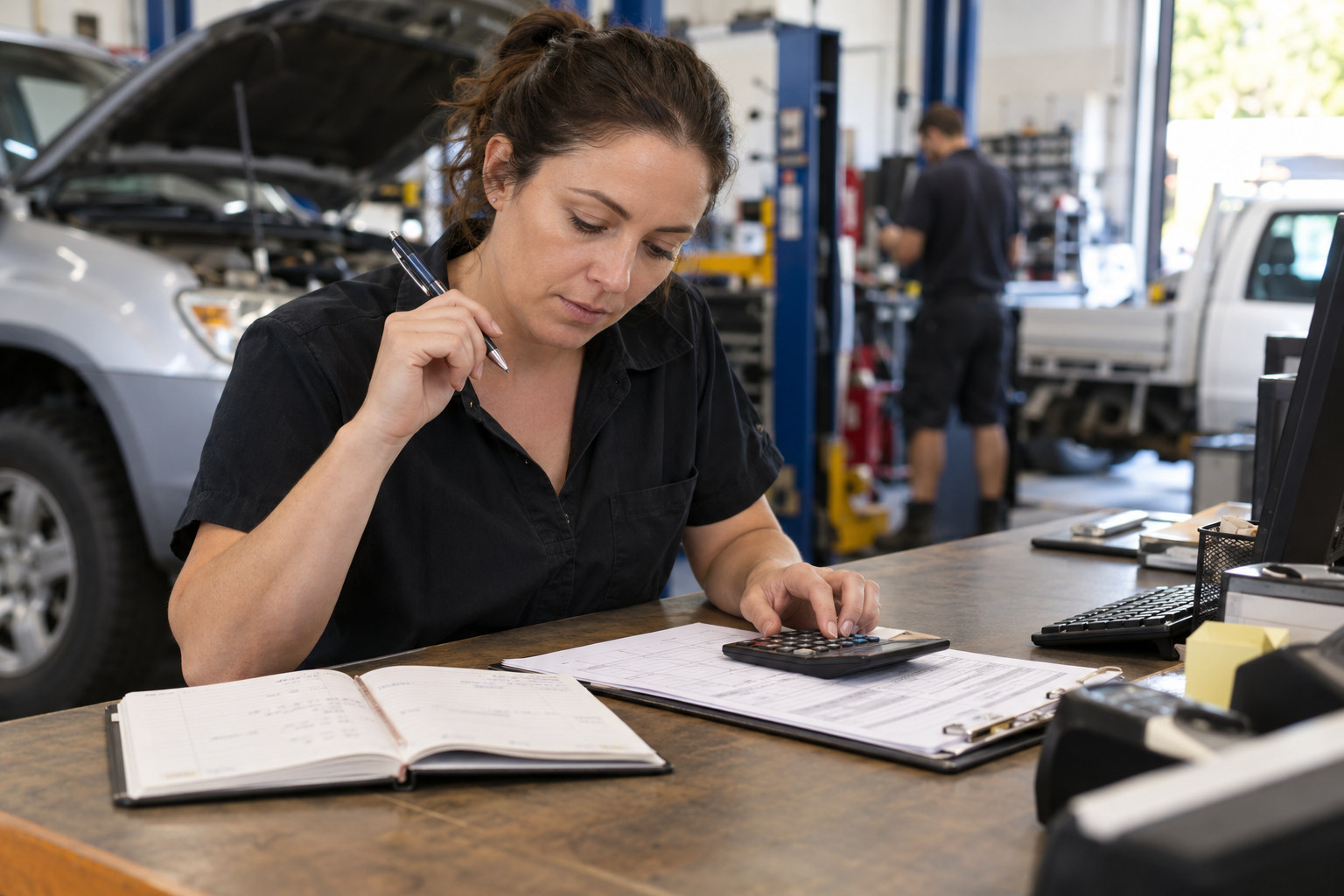 Workshop owner compares booking notes with a calculator.