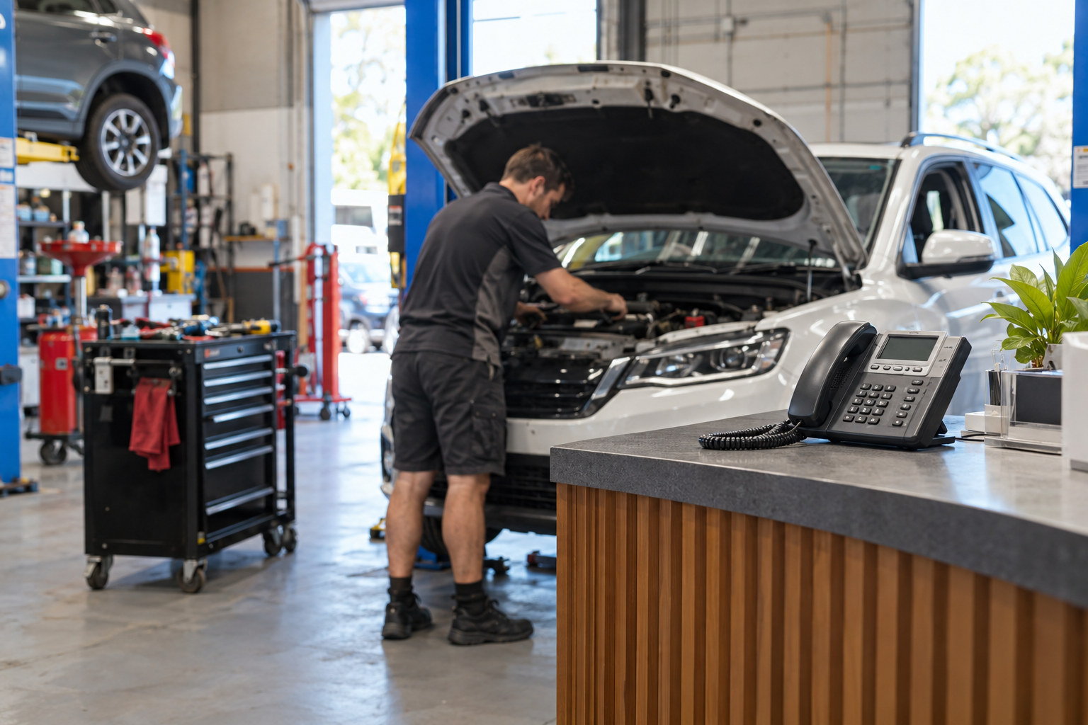 Phone waits at a workshop counter while the mechanic works on a car.
