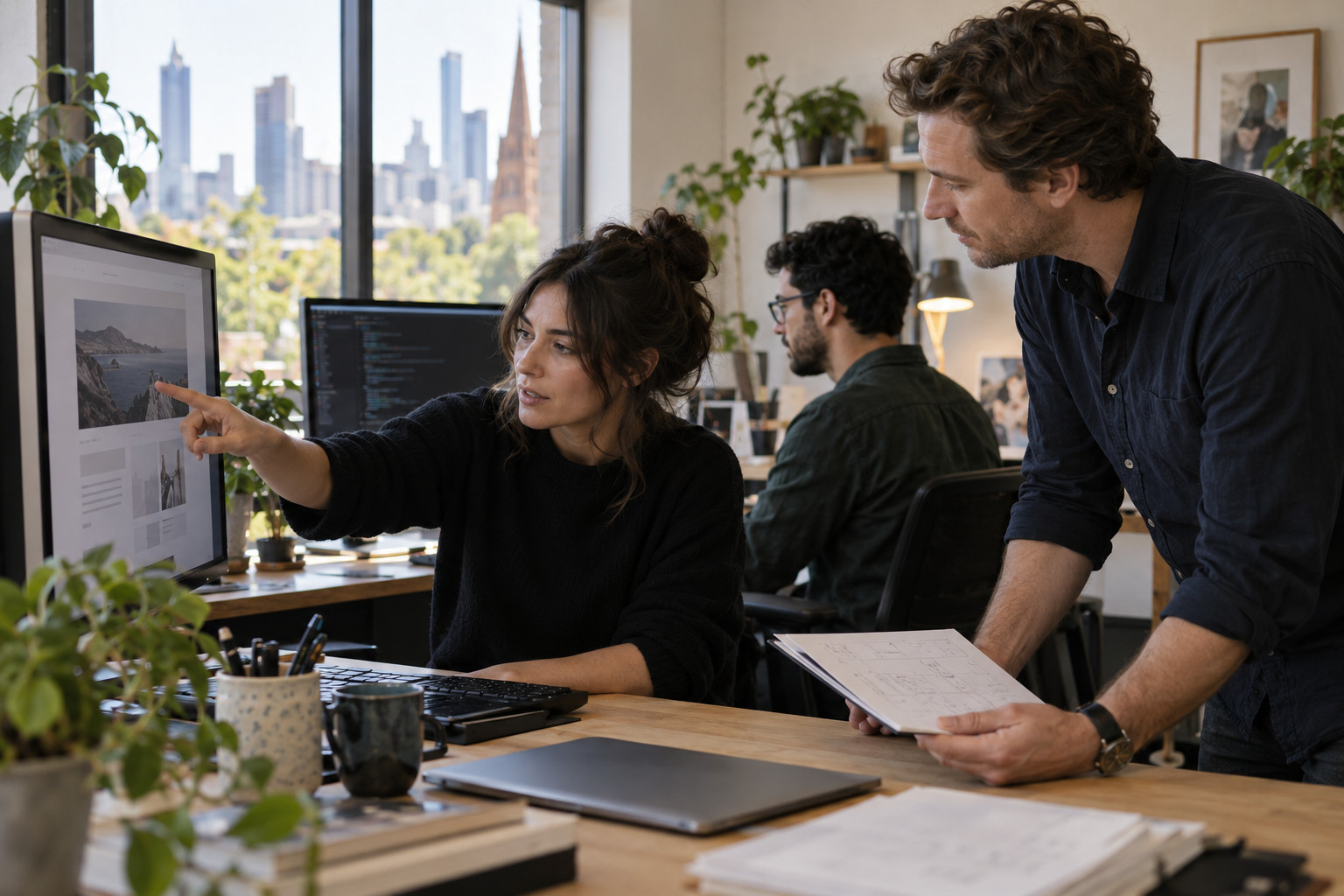 Web design agency colleagues reviewing a website layout together in a Melbourne studio