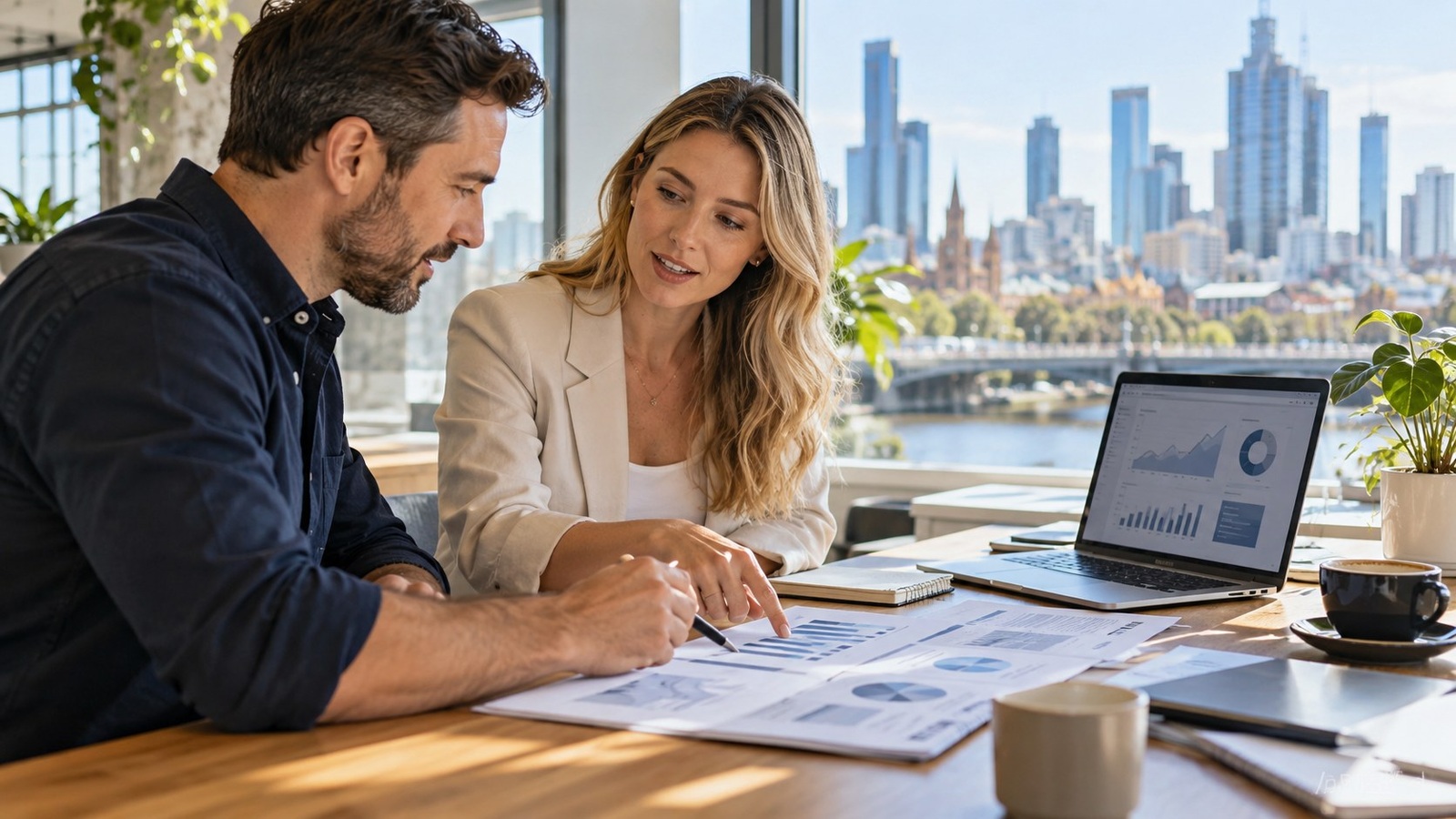 Business owner and consultant discuss printed charts beside a laptop.