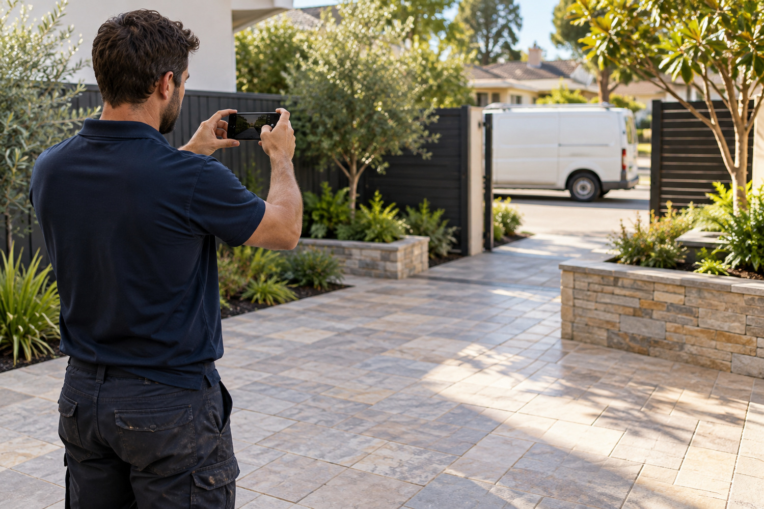 Landscaper photographing a completed paved courtyard, with a work van visible beyond the gate.