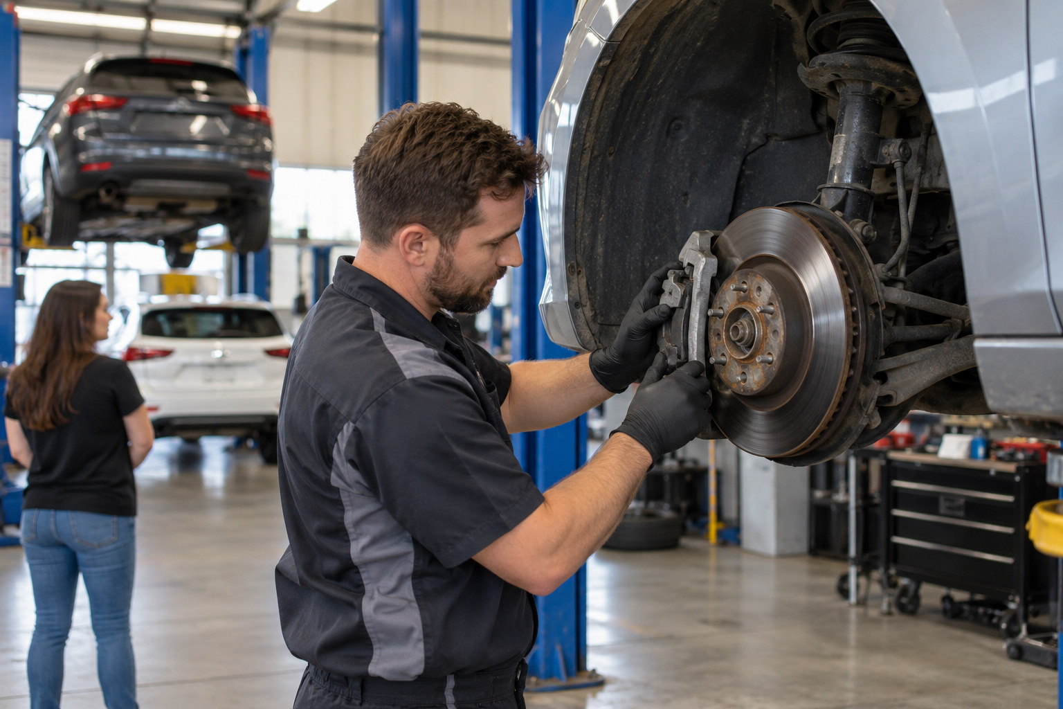 Mechanic examines a car brake assembly in an active workshop.