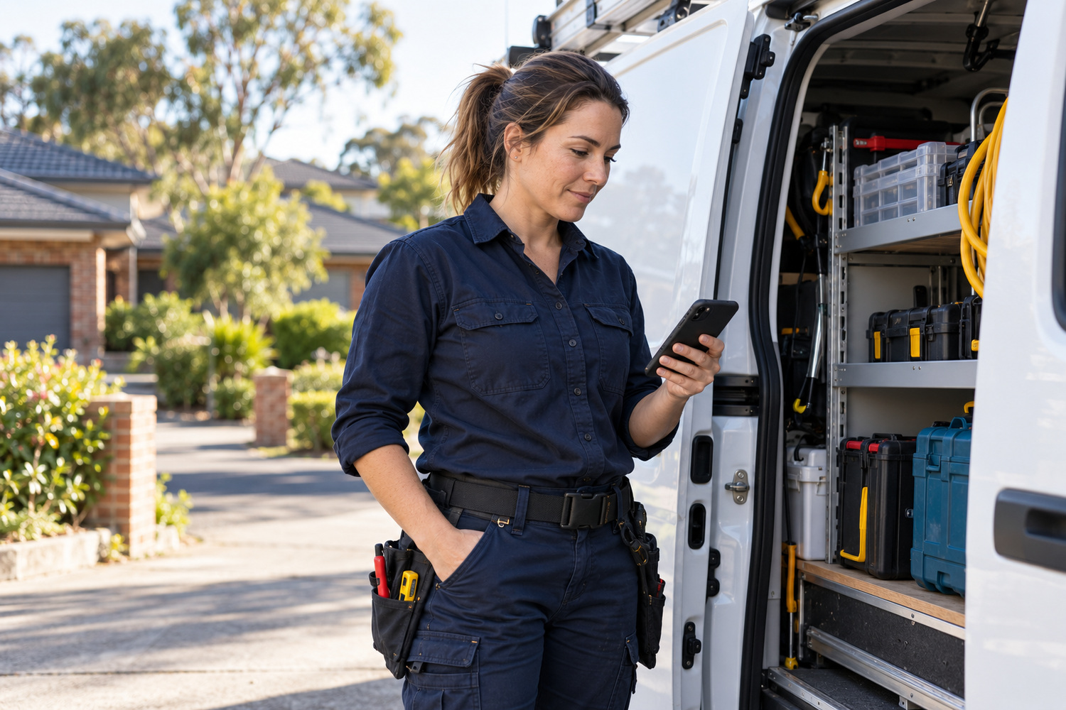 Tradeswoman checking her phone beside an organised work van in a suburban driveway.
