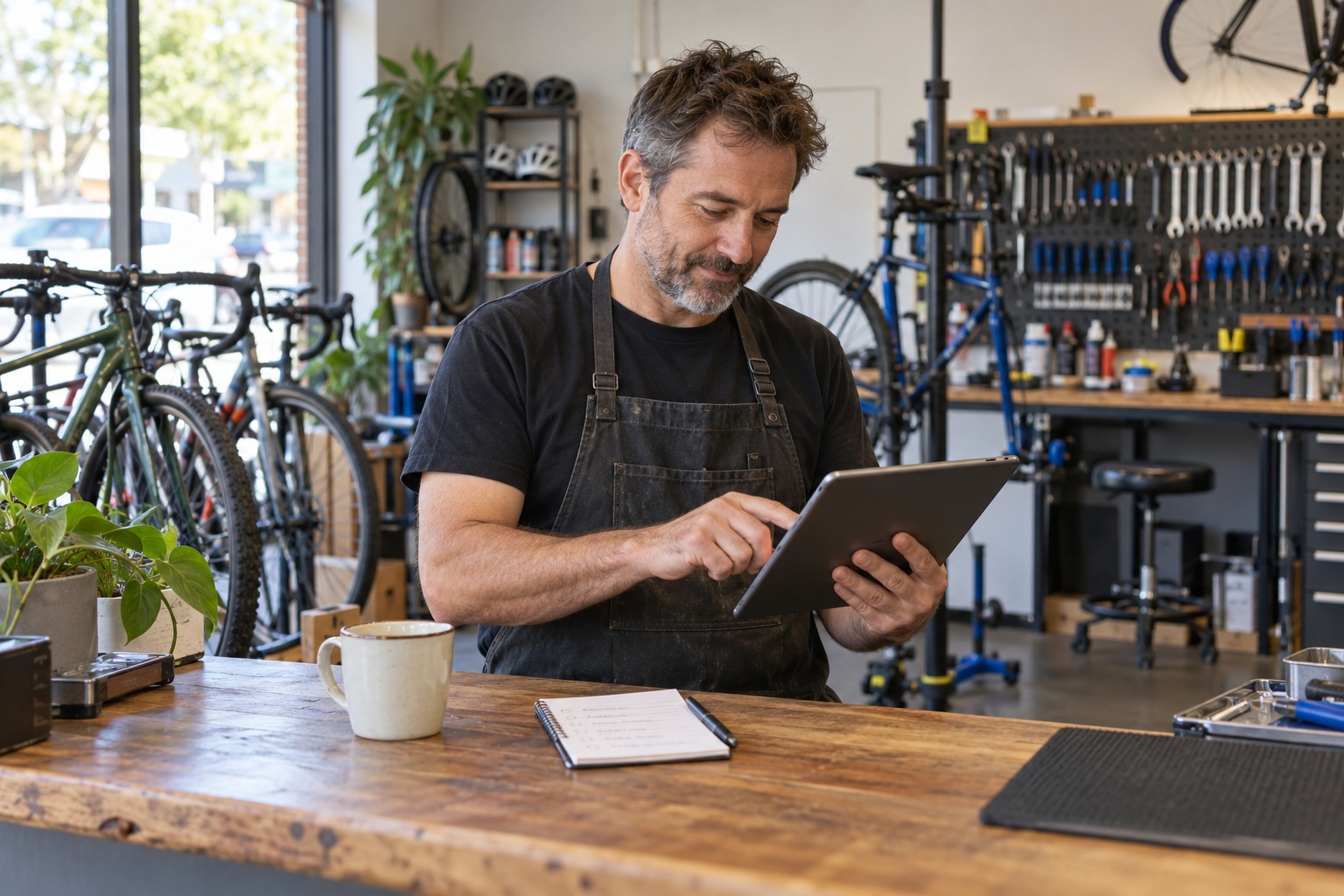 Bicycle shop owner checks a tablet beside a short task list at the shop counter.