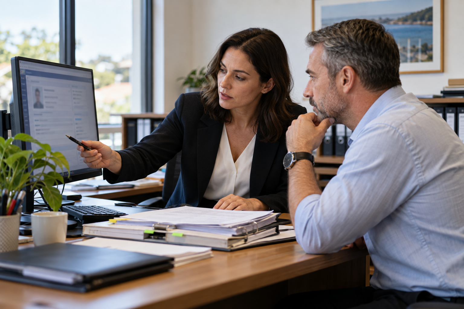 Colleagues review an identity verification screen and client file.