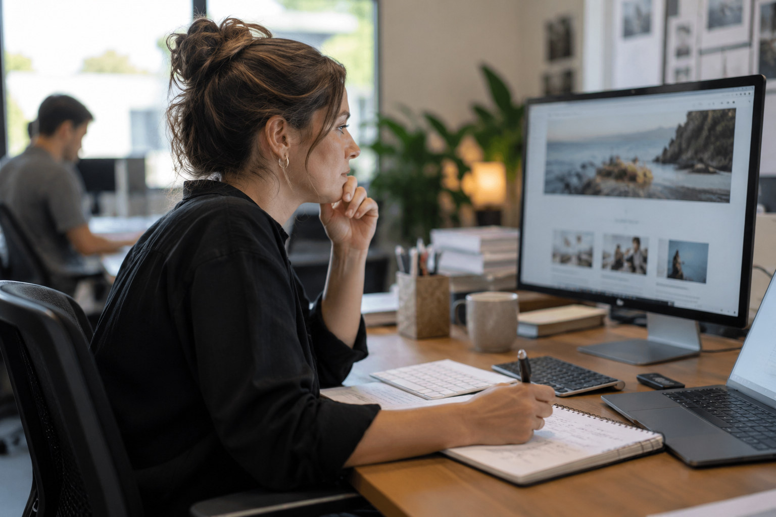 Content strategist reviews a business website and makes notes.