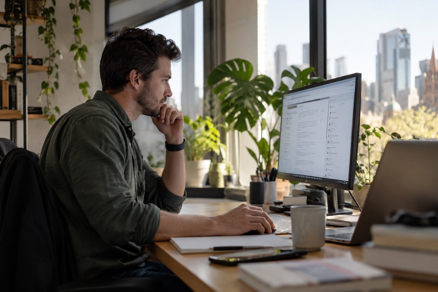 Person reviews documents on a desktop monitor beside a laptop.