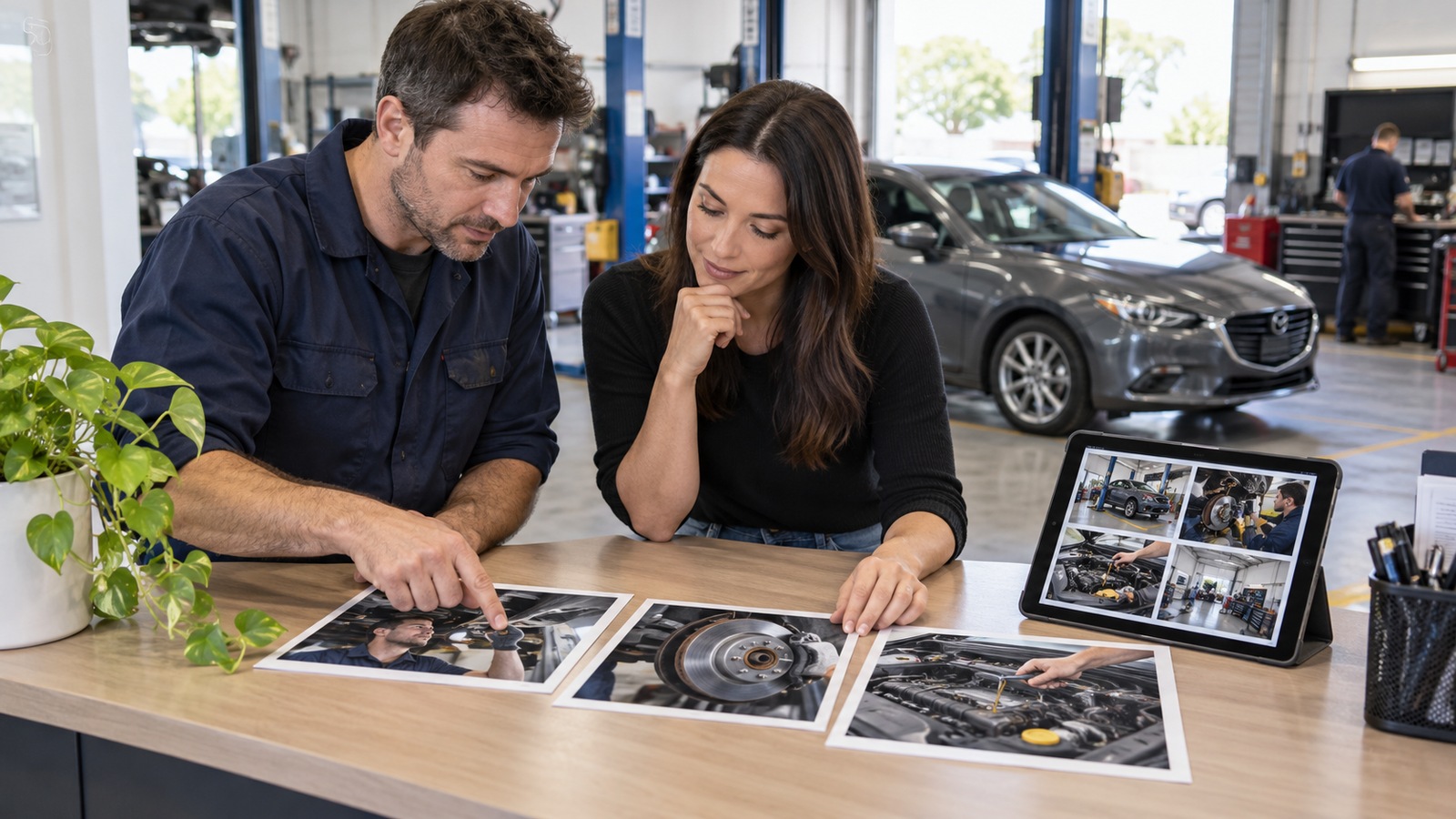 Workshop owner and consultant choose service photographs for a website beside a modern sedan.